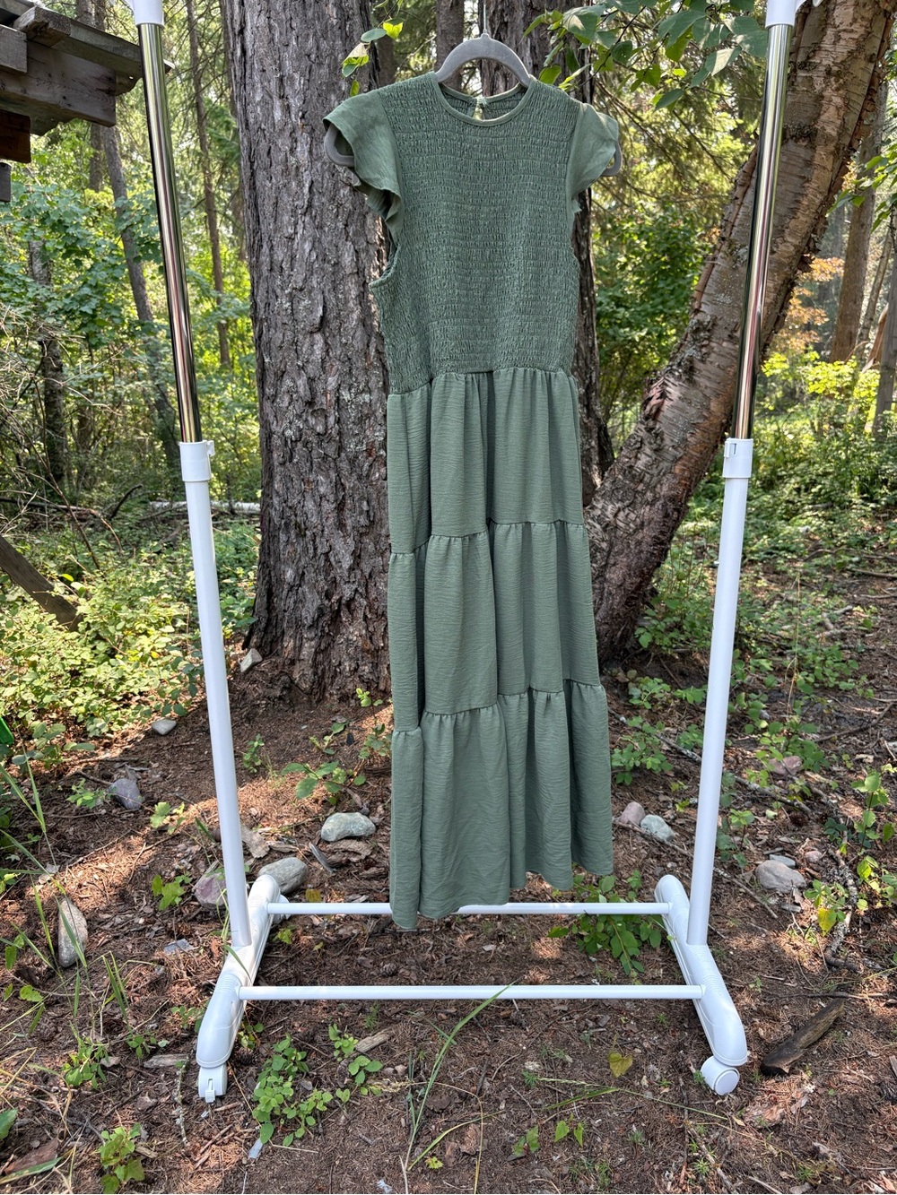Smocked Tiered Midi Dress in Olive Green